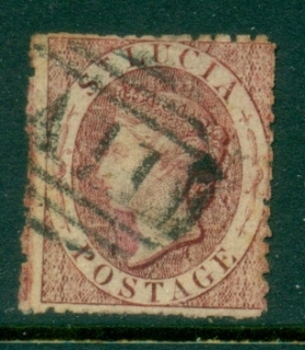 St-Lucia-1863-QV-Portrait-Wmk-Crown-CC-Perf-12-5-1d-lake-FU