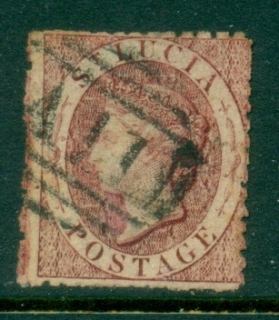 St-Lucia-1863-QV-Portrait-Wmk-Crown-CC-Perf-12-5-1d-lake-FU