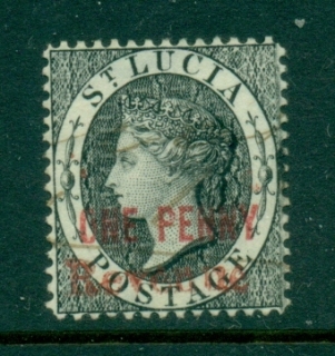St-Lucia-1864-QV-Portrait-Wmk-Crown-CC-Perf-14-Revenue-Opt-One-Penny-FU