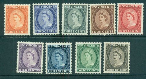 St-Vincent-1955-QEII-Defins-Wmk-Crown-Script-CA-to-25c-MUH-lot72905