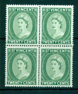 St-Vincent-1964-65-QEII-Defins-Wmk-Crown-CA-20c-Perf-13x14-Blk-4-MUH-lot72917