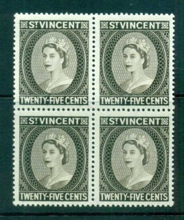 St-Vincent-1964-65-QEII-Defins-Wmk-Crown-CA-25c-Perf-13x14-Blk-4-MUH-lot72918