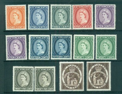 St-Vincent-1964-65-QEII-Defins-Wmk-Crown-CA-All-Perfs-MLH-lot72911