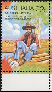 Australia-1980-Folklore-Scenes-from-the-song-Waltzing-Matilda-22-cent-Multi-P13x13-5-Once-a-jolly-swagman-camped-by-a-billabong-