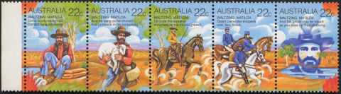 Australia-1980-Folklore-Scenes-from-the-song-Waltzing-Matilda-5-x-22-cent-Multi-P13x13-5-Once-a-jolly-swagman-camped-by-a-billabong-and-subsequent