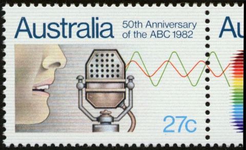 Australia-1982-Australian-Broadcasting-Commission-50-years-27-cent-Multi-P13-5x13-Radio-Announcer-and-1930s-style-microphone