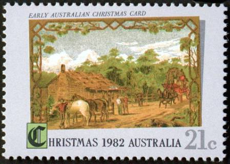 Australia-1982-Christmas-21-cent-Multi-P14-50-Bushmans-Hotel-with-Cobb-and-Co-coach-arriving-SG856