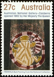 Australia-1982-Opening-of-Australian-National-gallery-27-cent-Multi-P14-50-Aborigine-bark-painting