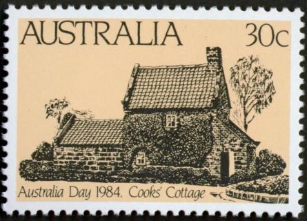 Australia-1984-Australia-Day-30-cent-black-and-stone-P13-5x14-Captain-Cooks-cottage
