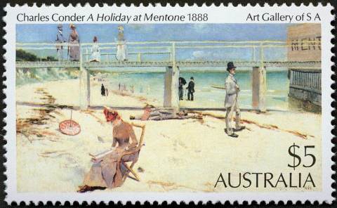Australia-1984-Paintings-5-dollar-Multi-P15x14-5-A-Holiday-at-Mentone