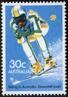 Australia-1984-Skiing-30-cent-Multi-P14-50-Downhill-racer