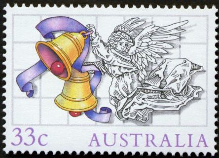 Australia-1985-Christmas-33-cent-Multi-P14-50-Line-drawing-of-Angel-with-two-gold-bells