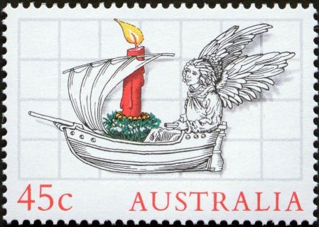Australia-1985-Christmas-45-cent-Multi-P14-50-Line-drawing-of-Angel-with-sailing-ship-and-candle-SG990