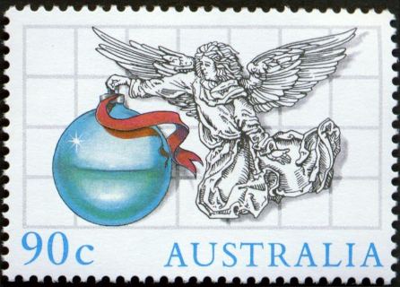 Australia-1985-Christmas-90-cent-Multi-P14-50-Line-drawing-of-Angel-with-green-Christmas-tree-bauble-SG992