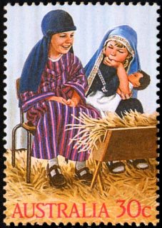 Australia-1986-Christmas-30-cent-Multi-P14x13-5-Mary-and-Joseph-acted-by-girl-and-boy-SG1040a