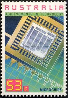 Australia-1987-Australian-Achievements-in-Technology-53-cent-Multi-P14-50-Microchips-stamp-has-gridded-background-SG1083