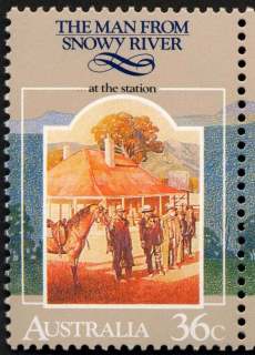 Australia-1987-Folklore-scenes-and-verses-from-poem-The-Man-from-Snowy-River-36-cent-Multi-P14x13-5-At-the-Station-