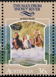 Australia-1987-Folklore-scenes-and-verses-from-poem-The-Man-from-Snowy-River-36-cent-Multi-P14x13-5-At-their-Heels-