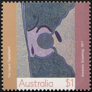 Australia-1988-Art-of-the-desert-Aboriginal-paintings-from-Central-Australia-1-dollar-Multi-P13-Ancestor-Dreaming-painting-by-Tim-Tjapaltjarri-SG1153