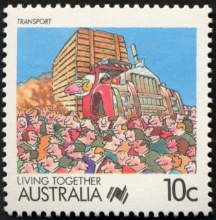 Australia-1988-Living-Together-cartoons-10-cent-Multi-P14-Transport-Meg-Williams-large-red-haulage-truck-surrounded-by-people-SG1116