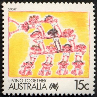 Australia-1988-Living-Together-cartoons-15-cent-Multi-P14-Sport-G-Cook