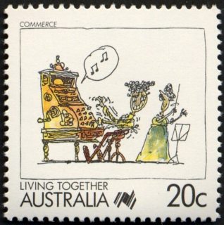 Australia-1988-Living-Together-cartoons-20-cent-Multi-P14-Commerce-M-Atcherson