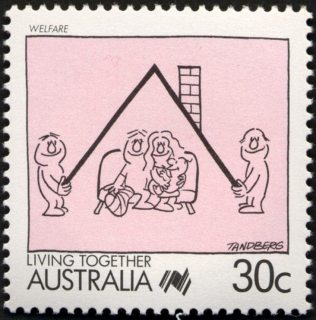 Australia-1988-Living-Together-cartoons-30-cent-black-and-lilac-P14-Welfare-R-Tandberg