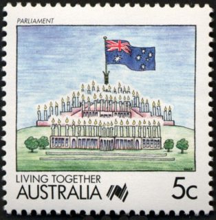 Australia-1988-Living-Together-cartoons-5-cent-Multi-P14-Parliament-Bronwyn-Halls