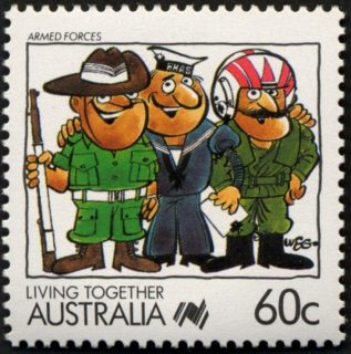 Australia-1988-Living-Together-cartoons-60-cent-Multi-P14-Armed-Forces-B-Green