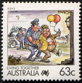 Australia-1988-Living-Together-cartoons-63-cent-Multi-P14-Police-J-Russell