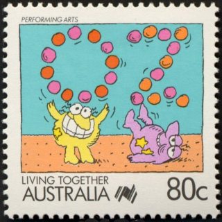 Australia-1988-Living-Together-cartoons-80-cent-Multi-P14-Performing-Arts-J-Stitt