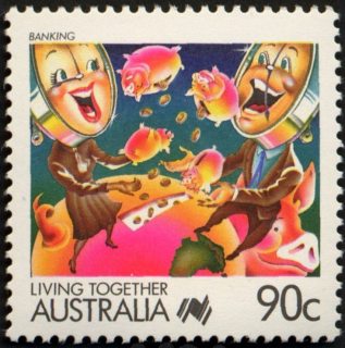 Australia-1988-Living-Together-cartoons-90-cent-Multi-P14-Banking-S-Billington