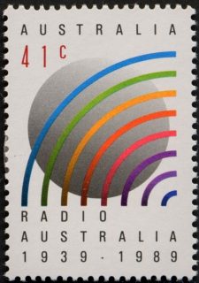Australia-1989-Radio-Australia-50-years-41-cent-Multi-P14x13-5-Sphere-with-coloured-arcs-representing-radio-waves-SG1228