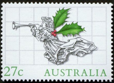 Australia-1985-Christmas-27-cent-Multi-P14-50-Line-drawing-of-Angel-with-Holly-wings-and-trumpet
