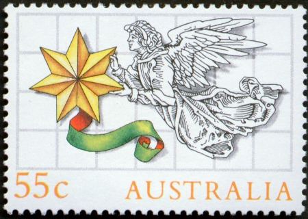 Australia-1985-Christmas-55-cent-Multi-P14-50-Line-drawing-of-Angel-with-gold-star-SG991