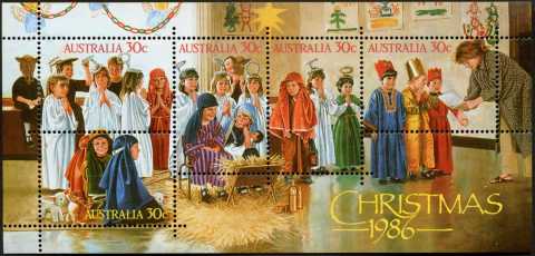 Australia-1986-Christmas-5-x-30-cent-Multi-P14-50-Children-acting-in-tableau-Three-angels-and-a-shepherd-Kneeling-shepherds-Marty