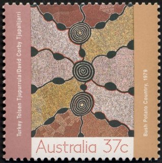 Australia-1988-Art-of-the-desert-Aboriginal-paintings-from-Central-Australia-37-cent-Multi-P13-Bush-Potato-Country-painting-by-Turkey-and-David-Tjupurrula-SG1150