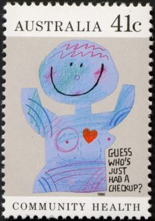 Australia-1990-Community-Health-41-cent-Multi-P14x13-5-Poster-Guess-whos-just-had-a-check-up-SG1240