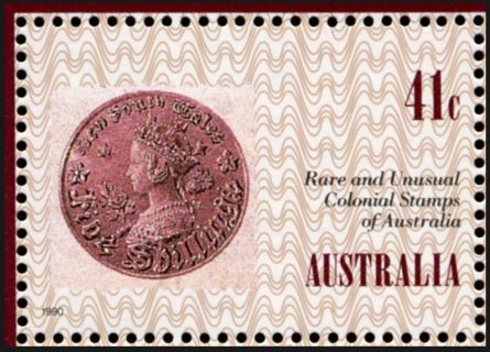 Australia-1990-Penny-Black-stamp-England-150-Anniversary-41-cent-Multi-P13-5x14-New-South-Wales-1861-5-shilling-stamp-on-stamp-SG1247