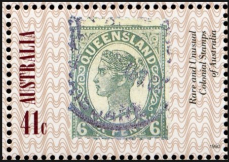 Australia-1990-Penny-Black-stamp-England-150-Anniversary-41-cent-Multi-P13-5x14-Queensland-unissued-stamp-1897-six-pence-stamp-on-stamp-SG1251