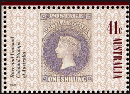 Australia-1990-Penny-Black-stamp-England-150-Anniversary-41-cent-Multi-P13-5x14-South-Australia-stamp-1855-unissued-one-shilling-stamp-on-stamp-SG1248