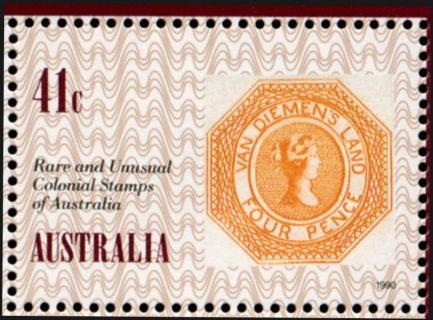 Australia-1990-Penny-Black-stamp-England-150-Anniversary-41-cent-Multi-P13-5x14-Tasmania-1853-stamp-four-pence-stamp-on-stamp-SG1249