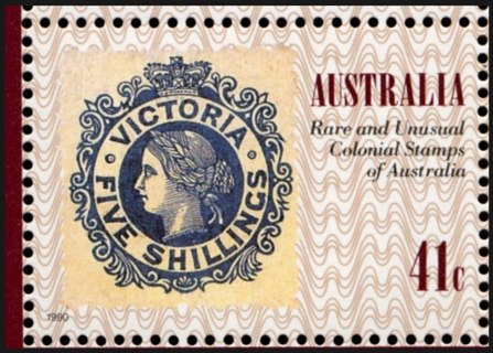 Australia-1990-Penny-Black-stamp-England-150-Anniversary-41-cent-Multi-P13-5x14-Victoria-1868-stamp-five-shillings-stamp-on-stamp-SG1250