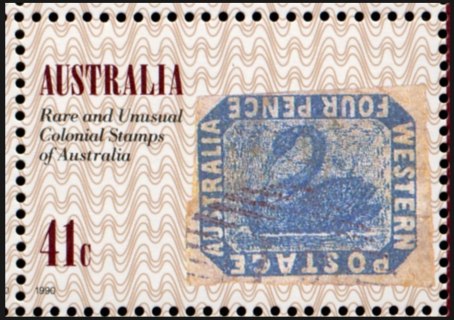 Australia-1990-Penny-Black-stamp-England-150-Anniversary-41-cent-Multi-P13-5x14-Western-Australia-stamp-1855-four-pence-with-inverted-frame-stamp-on-stamp-SG1252