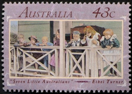 Australia-1991-Australian-writers-of-the-1980s-43-cent-Multi-P14-50-Seven-Little-Australians-by-Ethel-turner-SG1305