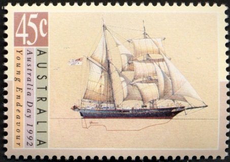 Australia-1992-Australia-Day-1992-and-100th-Anniversary-of-discovery-of-America-45-cent-Multi-P14-50-Ship-Young-Endeavour-cadet-brigantine-sailing-SG1333