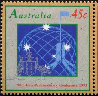 Australia-1993-Inter-Parliamentary-Union-Conference-and-50th-Anniversary-of-Women-in-Parliament-45-cent-Multi-P14-50-Conference-emblem