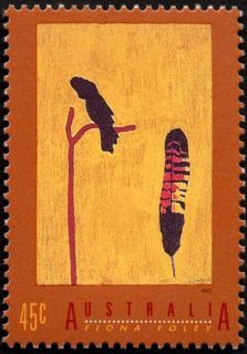 Australia-1993-International-Year-of-Indigenous-People-45-cent-Henna-brown-and-Multi-P14-5-x-14-Black-Cockatoo-Feather-artist-Fiona-Foley-SG1417