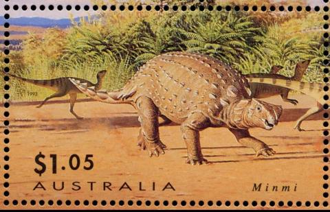 Australia-1993-Prehistoric-Animals-1-05-dollar-Multi-P14-5-x-14-Minmi-paravertebrata-SG1428