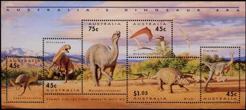 Australia-1993-Prehistoric-Animals-3-6-dollar-Multi-PDie-Cut-Simulated-perfs-11-35-Mini-sheet-of-6-stamps-SG1429MS